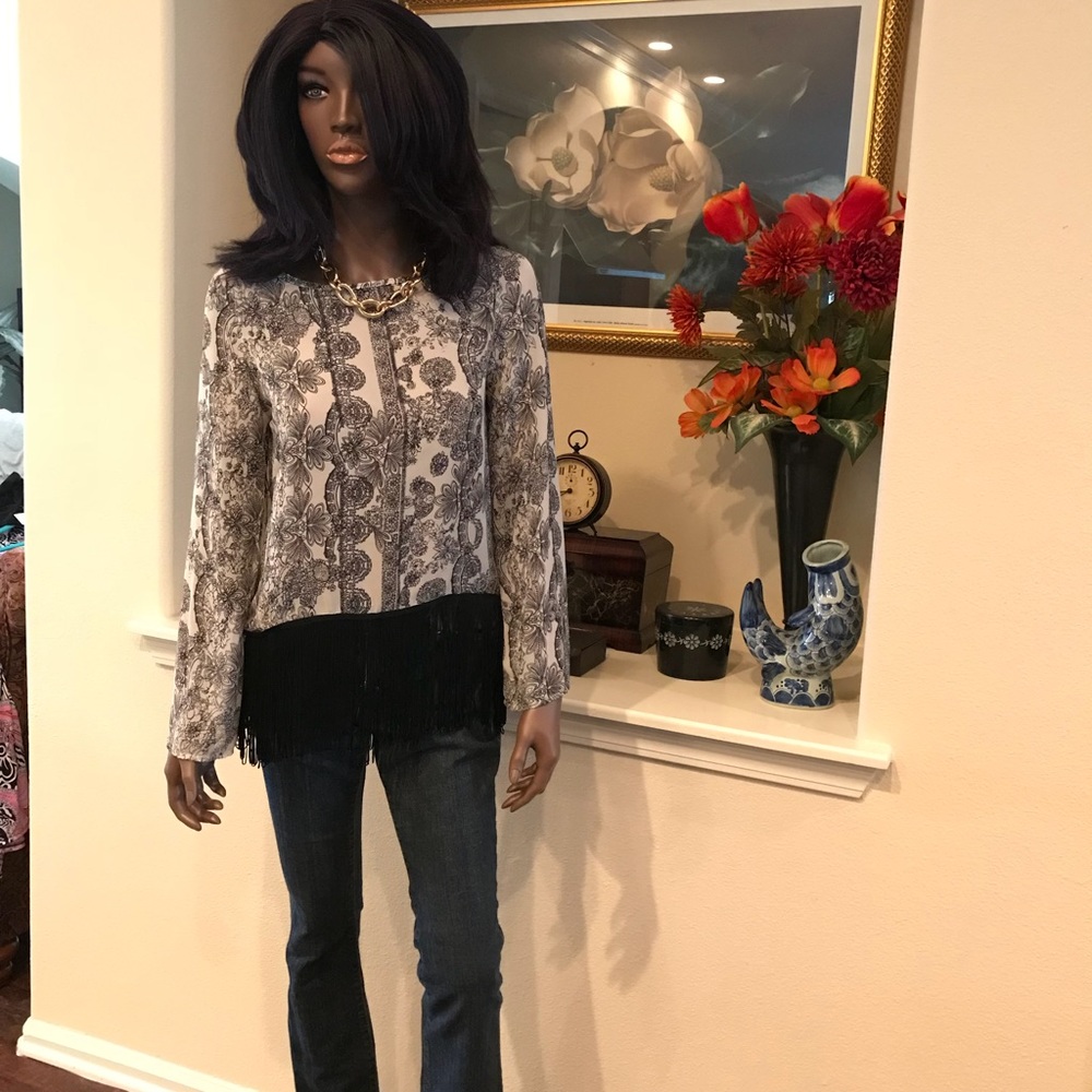 Navy Paisley Print Top with Tassle Hem